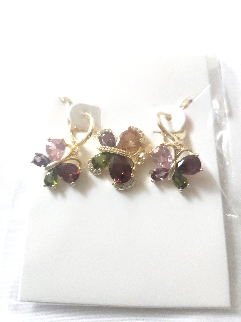 Gold Plated Multicolor Crystal Butterfly Earrings and Pendant Set